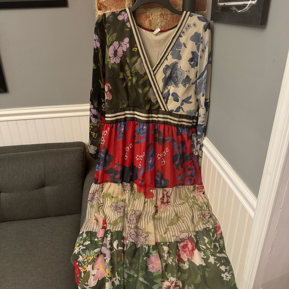 Kaktus Multicolored Mixed Floral Print Bohemian Long Sleeve Maxi Dress Size L - Picture 2 of 14